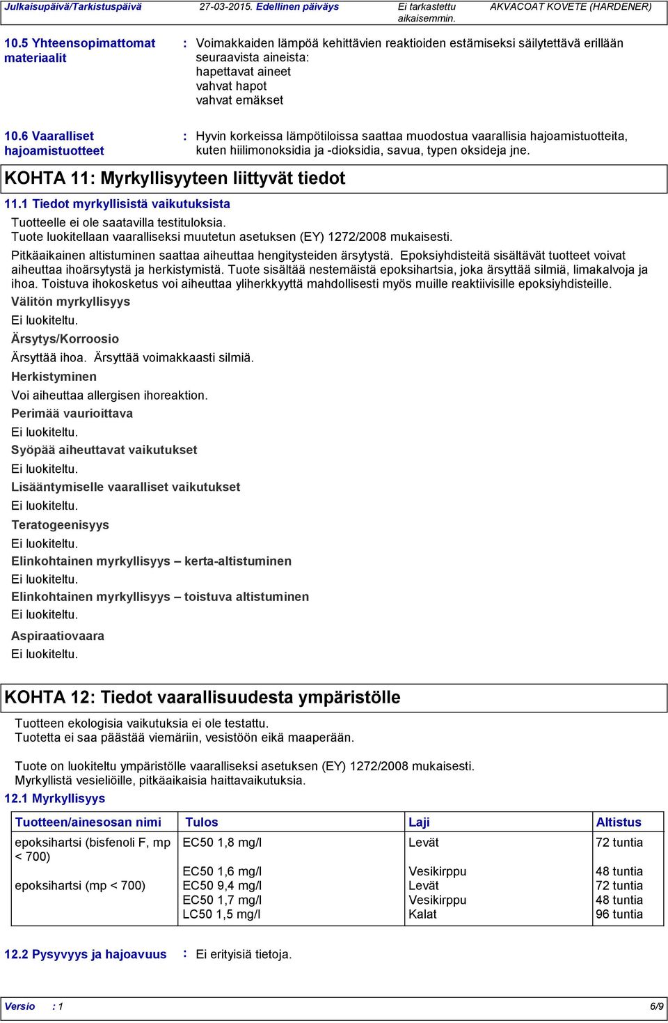 6 Vaaralliset hajoamistuotteet KOHTA 11 Myrkyllisyyteen liittyvät tiedot 11.