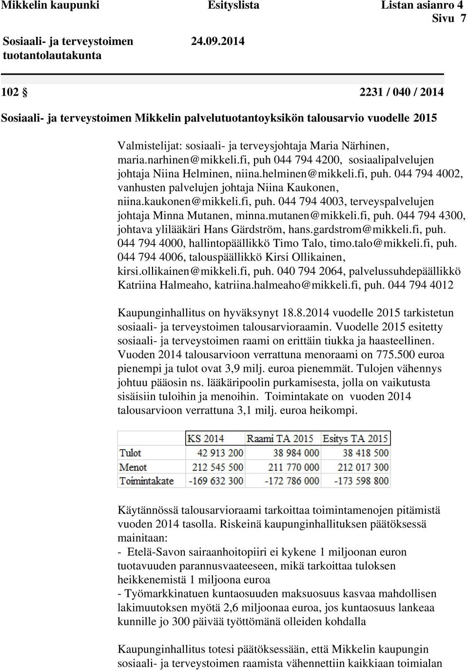 fi, puh. 044 794 4003, terveyspalvelujen johtaja Minna Mutanen, minna.mutanen@mikkeli.fi, puh. 044 794 4300, johtava ylilääkäri Hans Gärdström, hans.gardstrom@mikkeli.fi, puh. 044 794 4000, hallintopäällikkö Timo Talo, timo.