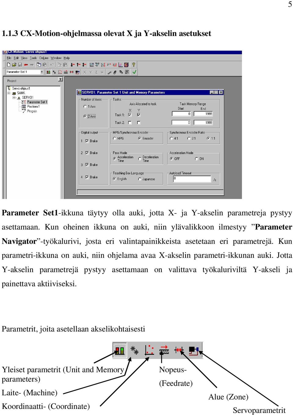Kun parametri-ikkuna on auki, niin ohjelama avaa X-akselin parametri-ikkunan auki.