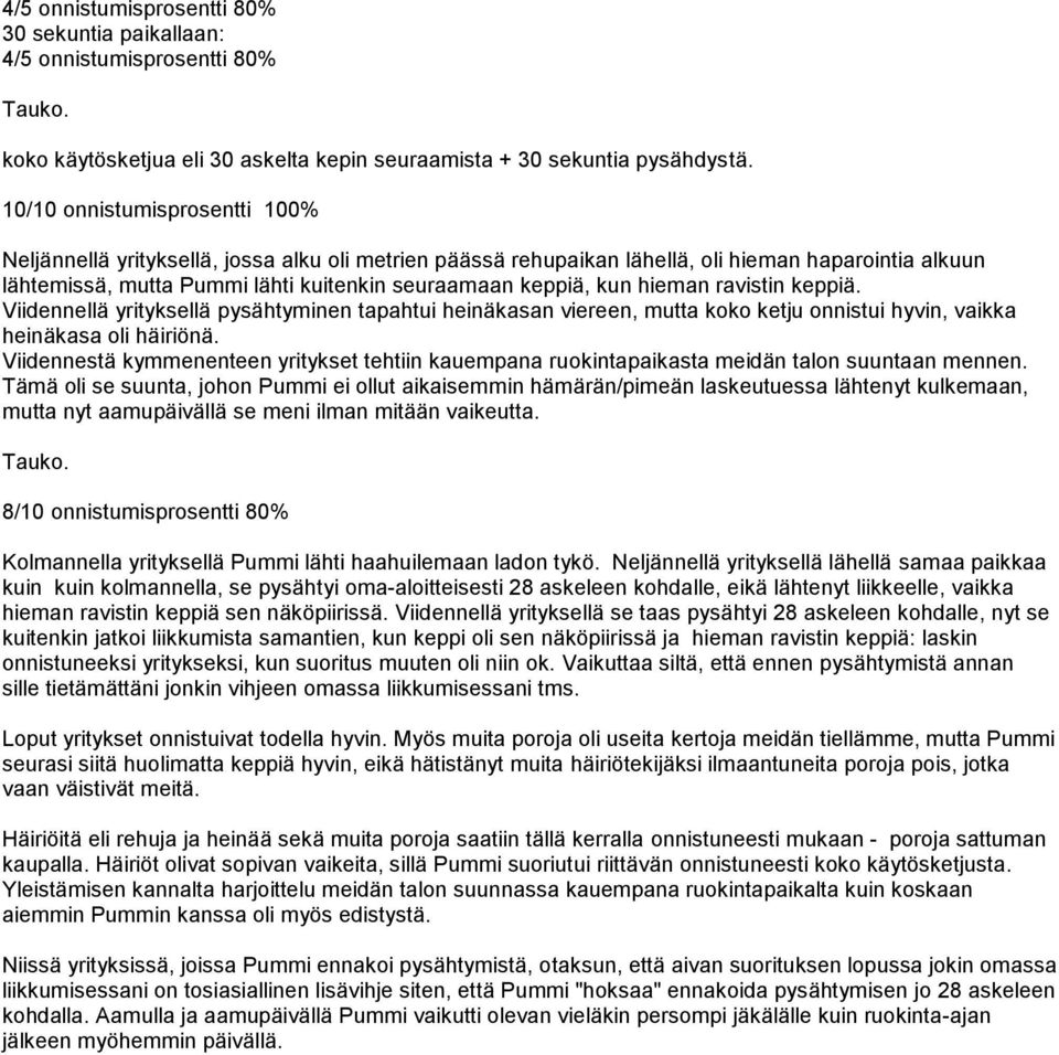 hieman ravistin keppiä. Viidennellä yrityksellä pysähtyminen tapahtui heinäkasan viereen, mutta koko ketju onnistui hyvin, vaikka heinäkasa oli häiriönä.