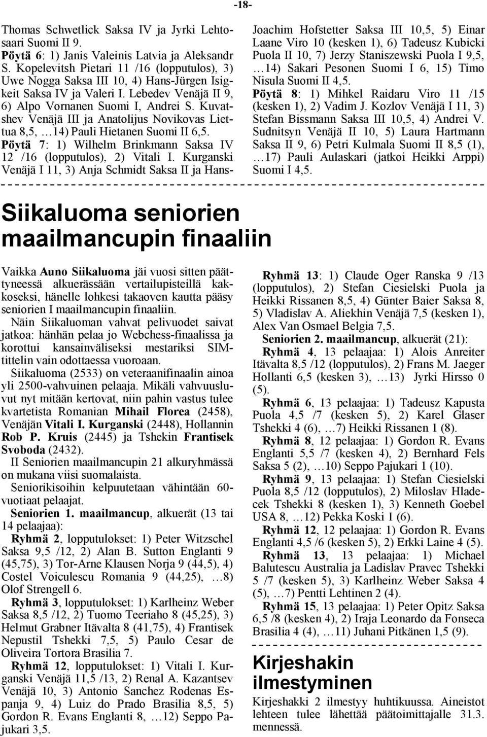 Kuvatshev Venäjä III ja Anatolijus Novikovas Liettua 8,5, 14) Pauli Hietanen Suomi II 6,5. Pöytä 7: 1) Wilhelm Brinkmann Saksa IV 12 /16 (lopputulos), 2) Vitali I.