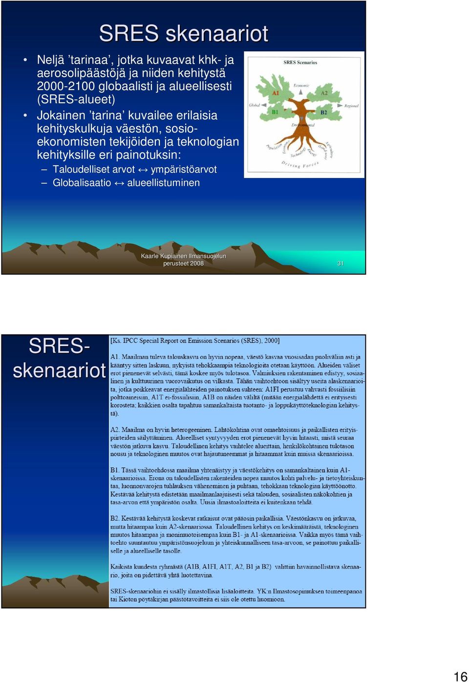 kehityskulkuja väestön, sosioekonomisten tekijöiden ja teknologian kehityksille eri painotuksin: