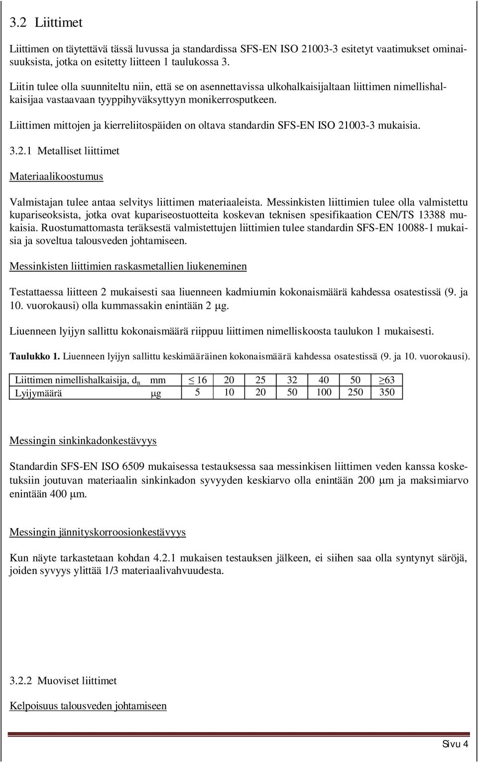 Liittimen mittojen ja kierreliitospäiden on oltava standardin SFS-EN ISO 21003-3 mukaisia. 3.2.1 Metalliset liittimet Materiaalikoostumus Valmistajan tulee antaa selvitys liittimen materiaaleista.