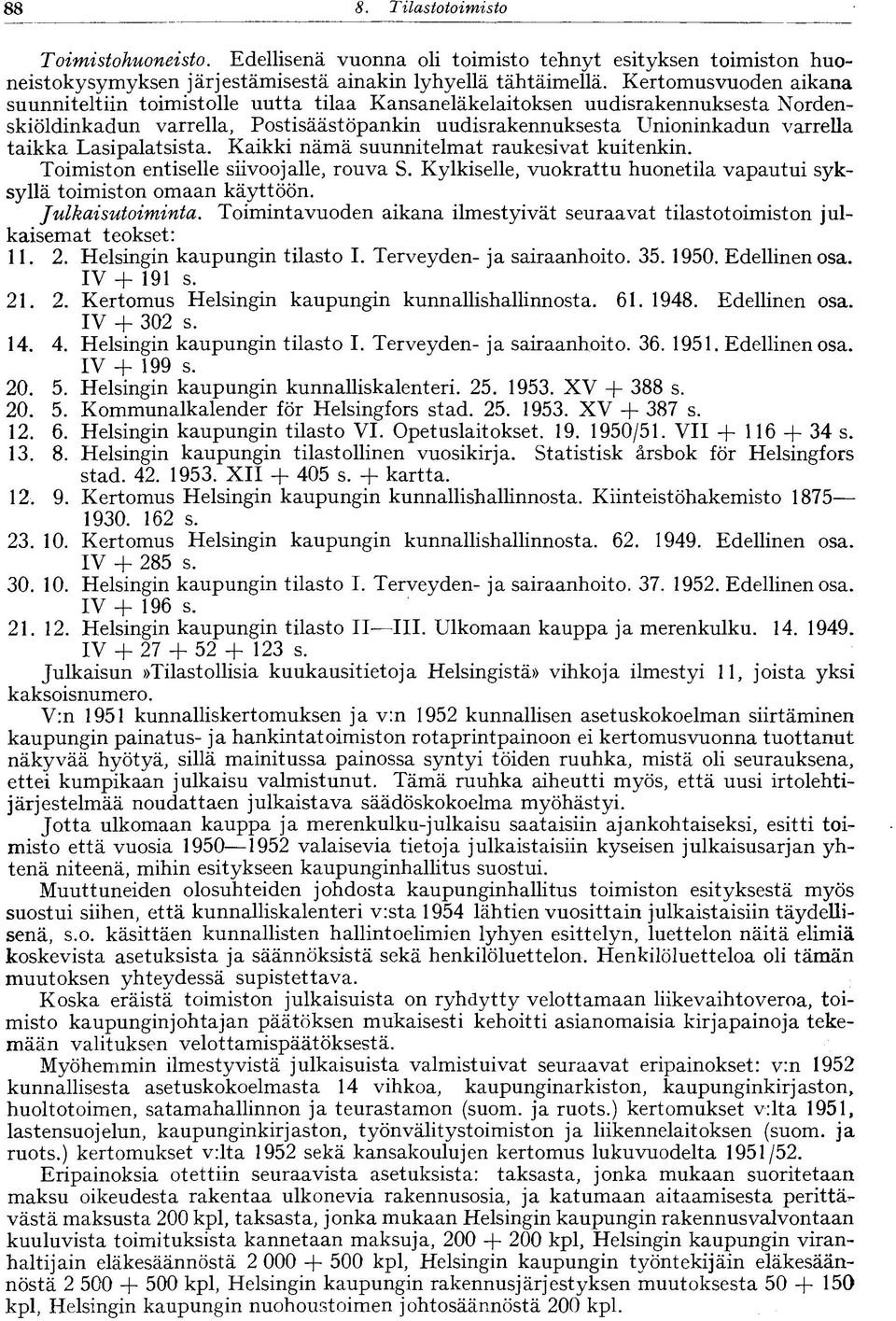 Lasipalatsista. Kaikki nämä suunnitelmat raukesivat kuitenkin. Toimiston entiselle siivoojalle, rouva S. Kylkiselle, vuokrattu huonetila vapautui syksyllä toimiston omaan käyttöön. Julkaisutoiminta.