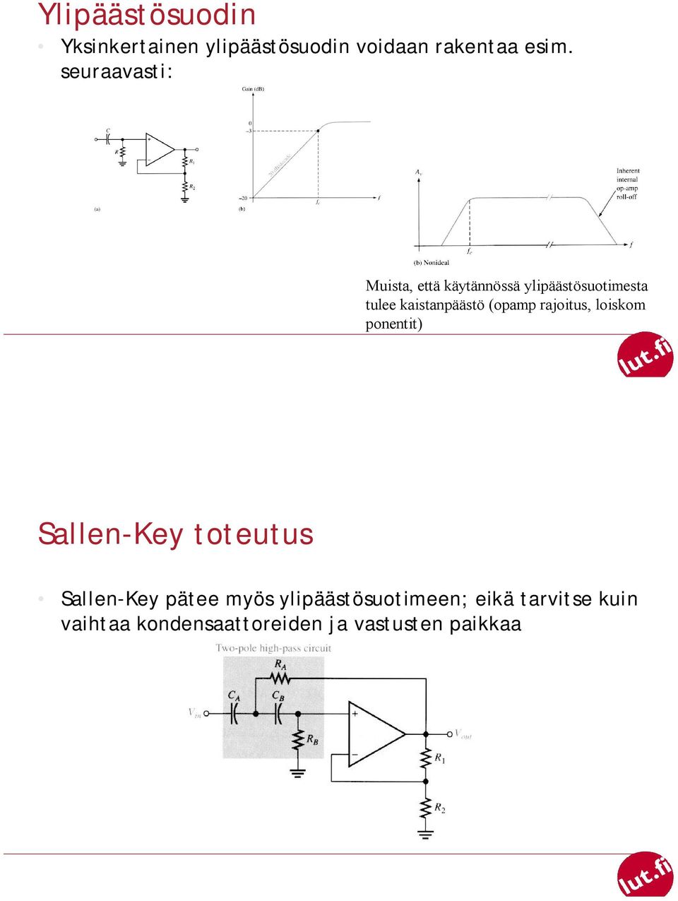 (opamp rajoitus, loiskom ponentit) Sallen-Key toteutus Sallen-Key pätee myös