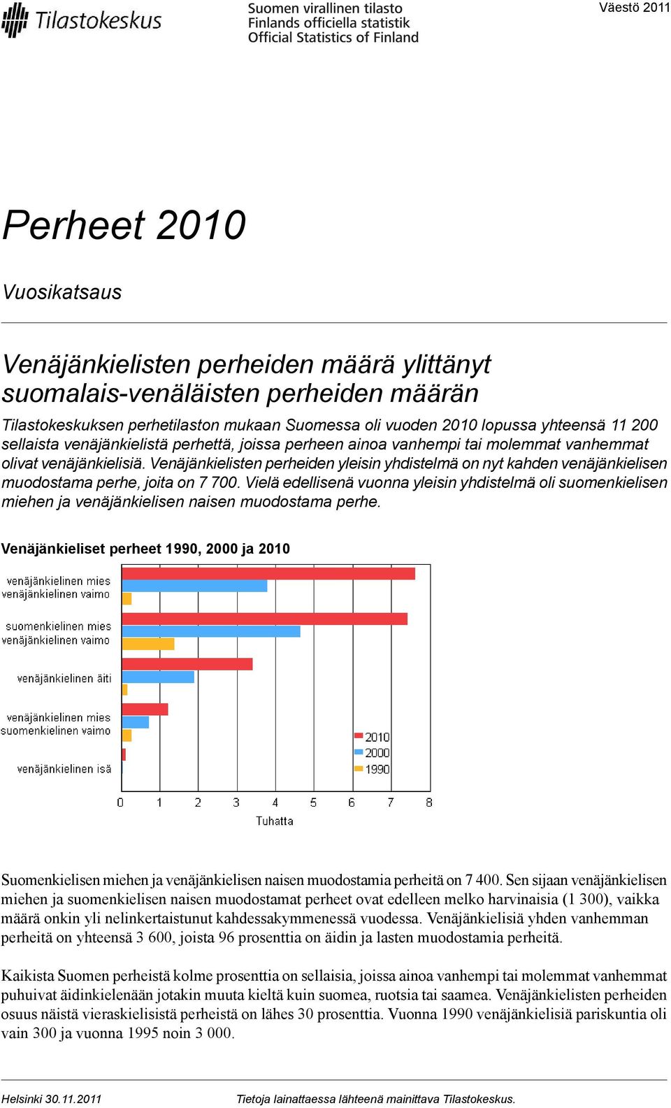 Venäjänkielisten perheiden yleisin yhdistelmä on nyt kahden venäjänkielisen muodostama perhe, joita on 7 700.