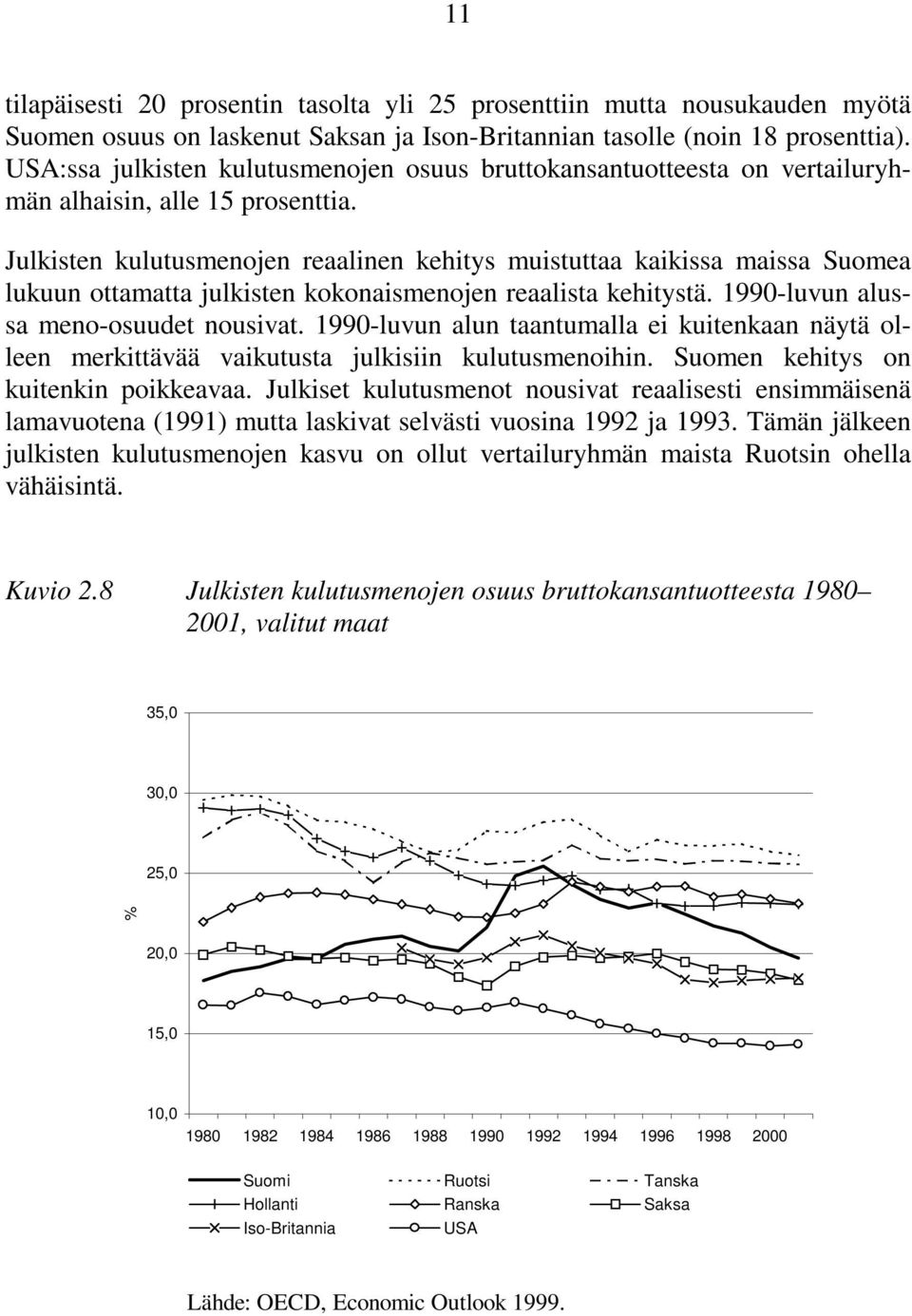 Julkisten kulutusmenojen reaalinen kehitys muistuttaa kaikissa maissa Suomea lukuun ottamatta julkisten kokonaismenojen reaalista kehitystä. 1990-luvun alussa meno-osuudet nousivat.