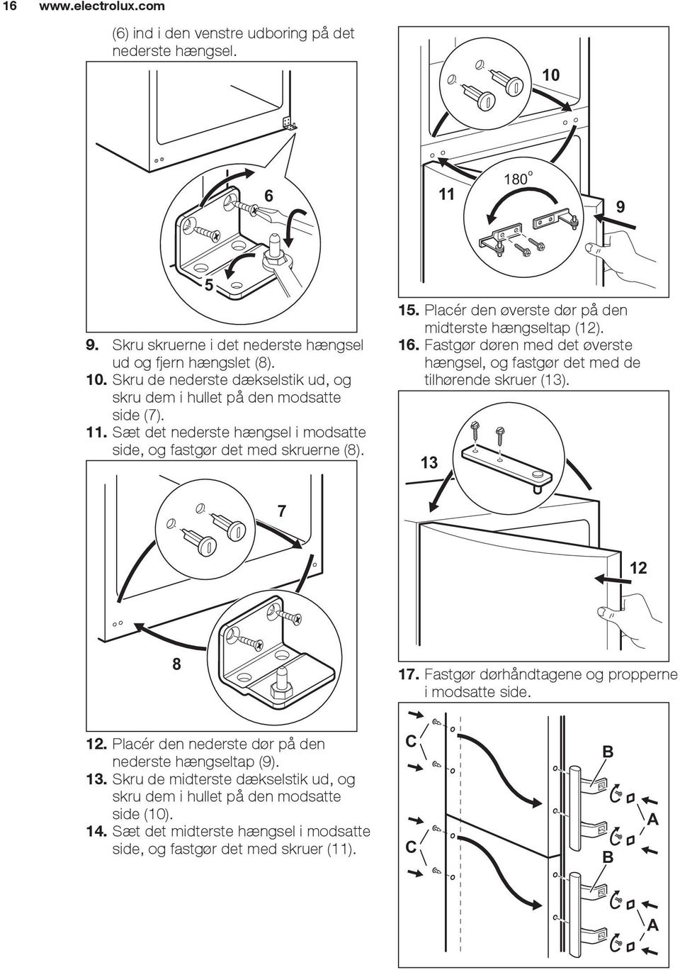 Fastgør døren med det øverste hængsel, og fastgør det med de tilhørende skruer (13). 13 7 12 8 17. Fastgør dørhåndtagene og propperne i modsatte side. 12. Placér den nederste dør på den nederste hængseltap (9).