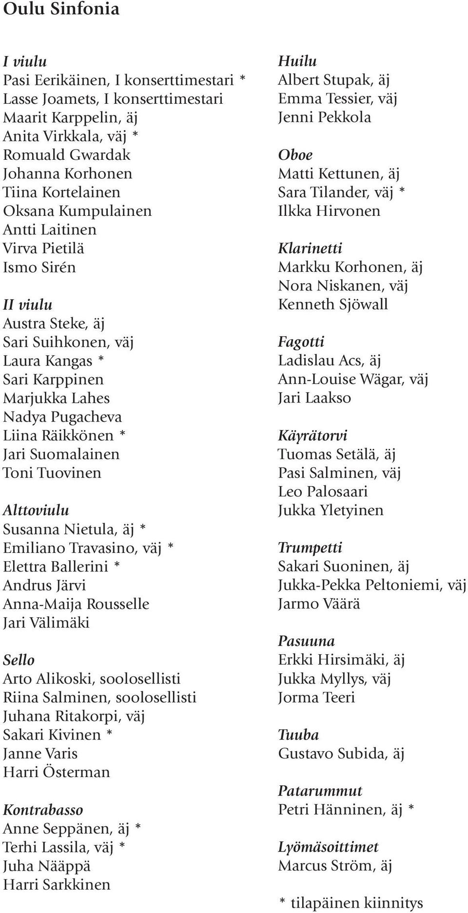 Tuovinen Alttoviulu Susanna Nietula, äj * Emiliano Travasino, väj * Elettra Ballerini * Andrus Järvi Anna-Maija Rousselle Jari Välimäki Sello Arto Alikoski, soolosellisti Riina Salminen,