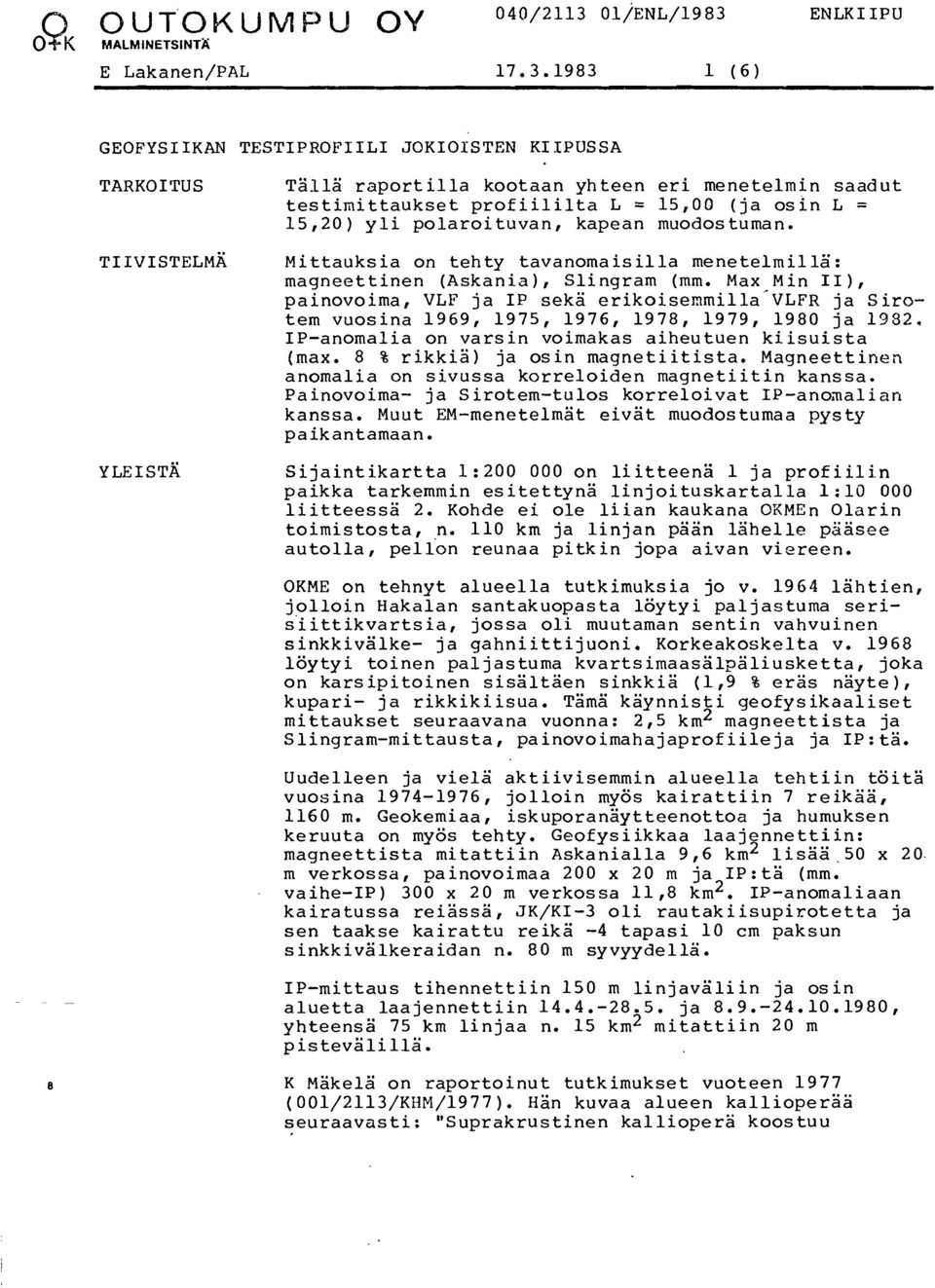 Max Min I1 ), painovoima, VLF ja IP seka erikoisernmilla'~~~~ ja S irotem vuosina 1969, 1975, 1976, 1978, 1979, 1980 ja 1932. IP-anomalia on varsin voimakas aiheutuen kiisuista (max.