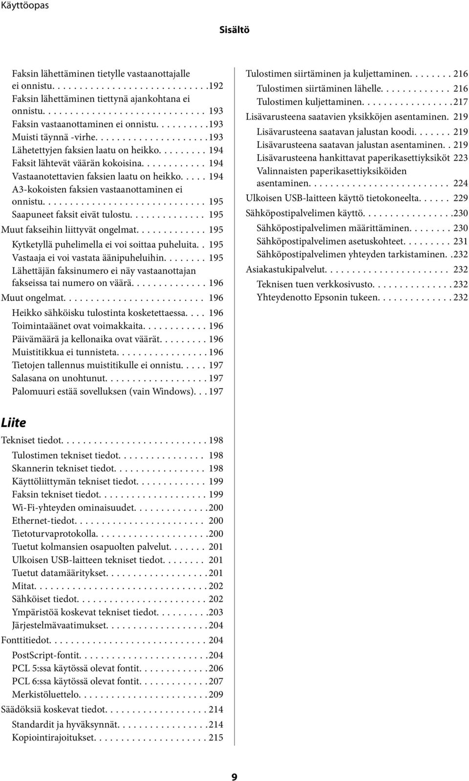 ..195 Saapuneet faksit eivät tulostu... 195 Muut fakseihin liittyvät ongelmat...195 Kytketyllä puhelimella ei voi soittaa puheluita.. 195 Vastaaja ei voi vastata äänipuheluihin.