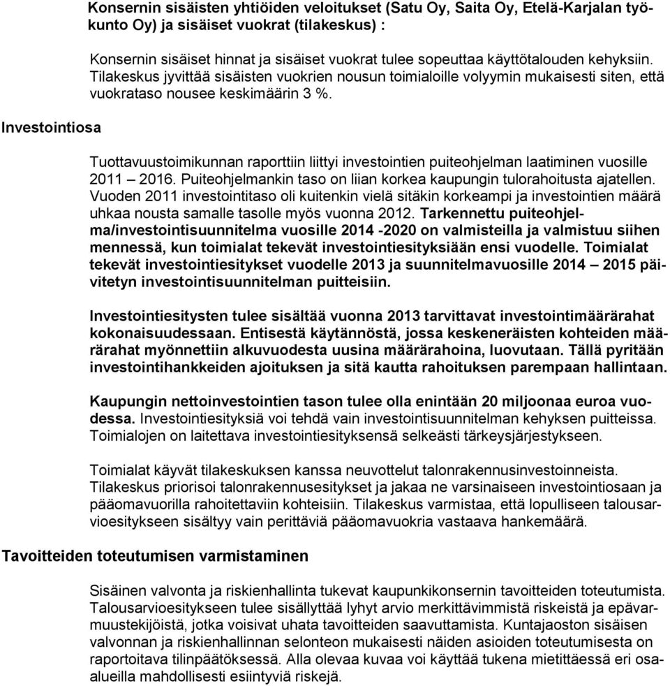 Tuottavuustoimikunnan raporttiin liittyi investointien puiteohjelman laatiminen vuosille 2011 2016. Puiteohjelmankin taso on liian korkea kaupungin tulorahoitusta ajatellen.