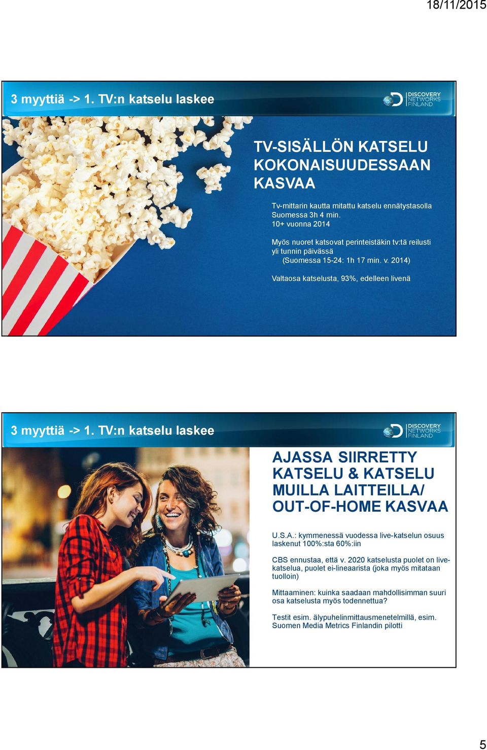 TV:n katselu laskee AJASSA SIIRRETTY KATSELU & KATSELU MUILLA LAITTEILLA/ OUT-OF-HOME KASVAA U.S.A.: kymmenessä vuodessa live-katselun osuus laskenut 100%:sta 60%:iin CBS ennustaa, että v.