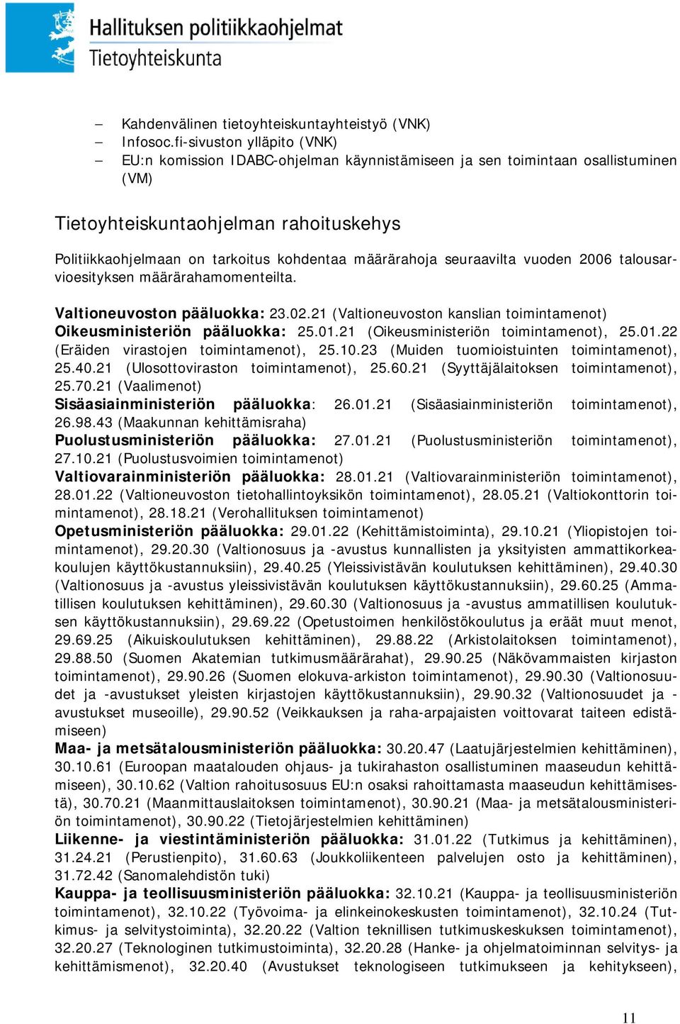 määrärahoja seuraavilta vuoden 2006 talousarvioesityksen määrärahamomenteilta. Valtioneuvoston pääluokka: 23.02.21 (Valtioneuvoston kanslian toimintamenot) Oikeusministeriön pääluokka: 25.01.