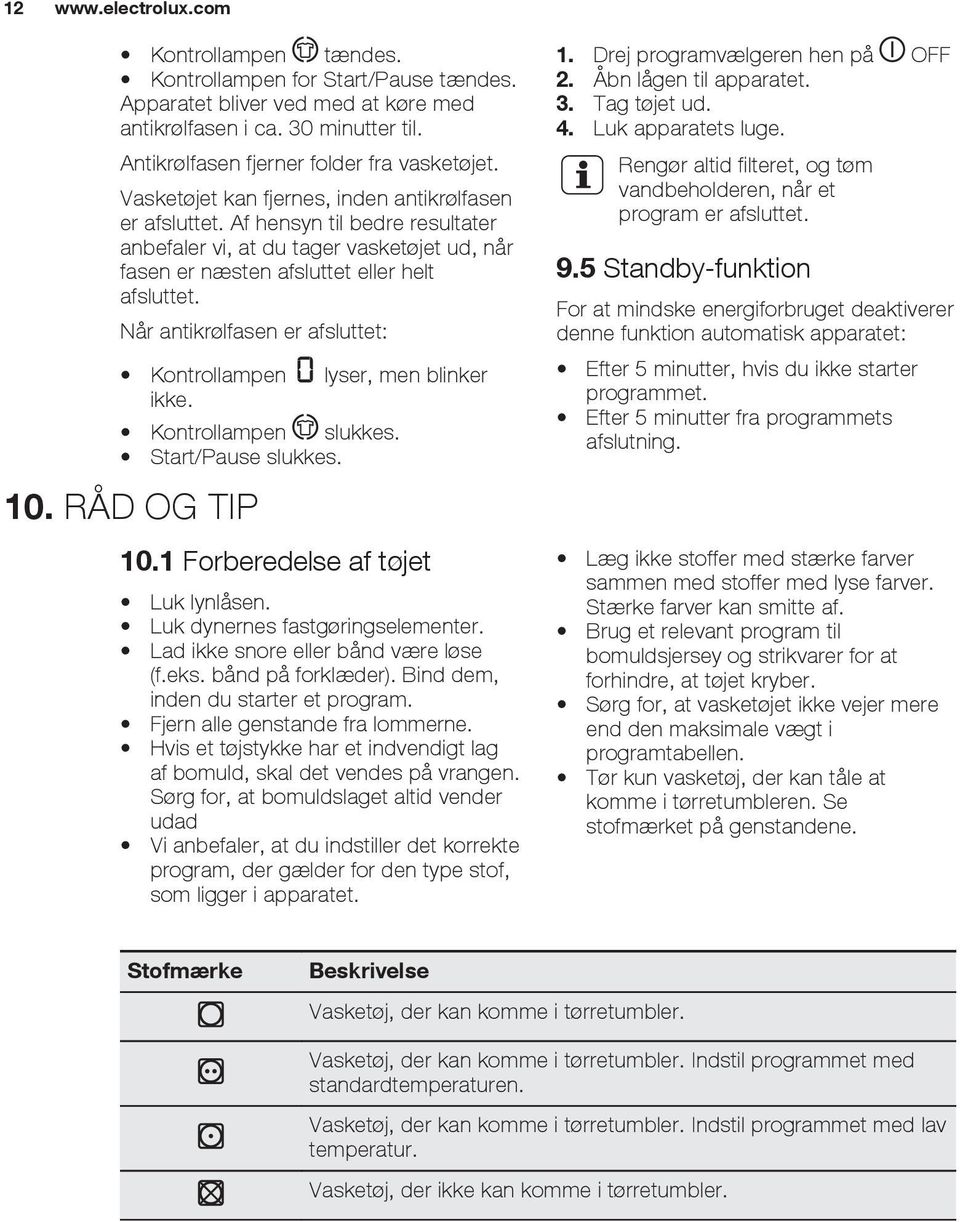 Når antikrølfasen er afsluttet: Kontrollampen lyser, men blinker ikke. Kontrollampen slukkes. Start/Pause slukkes. 10. RÅD OG TIP 10.1 Forberedelse af tøjet Luk lynlåsen.