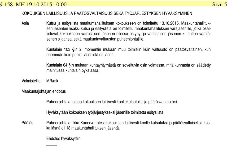 Maakuntahallituksen jäsenten lisäksi kutsu ja esityslista on toimitettu maakuntahallituksen varajäsenille, jotka osallistuvat kokoukseen varsinaisen jäsenen ollessa estynyt ja varsinaisen jäsenen