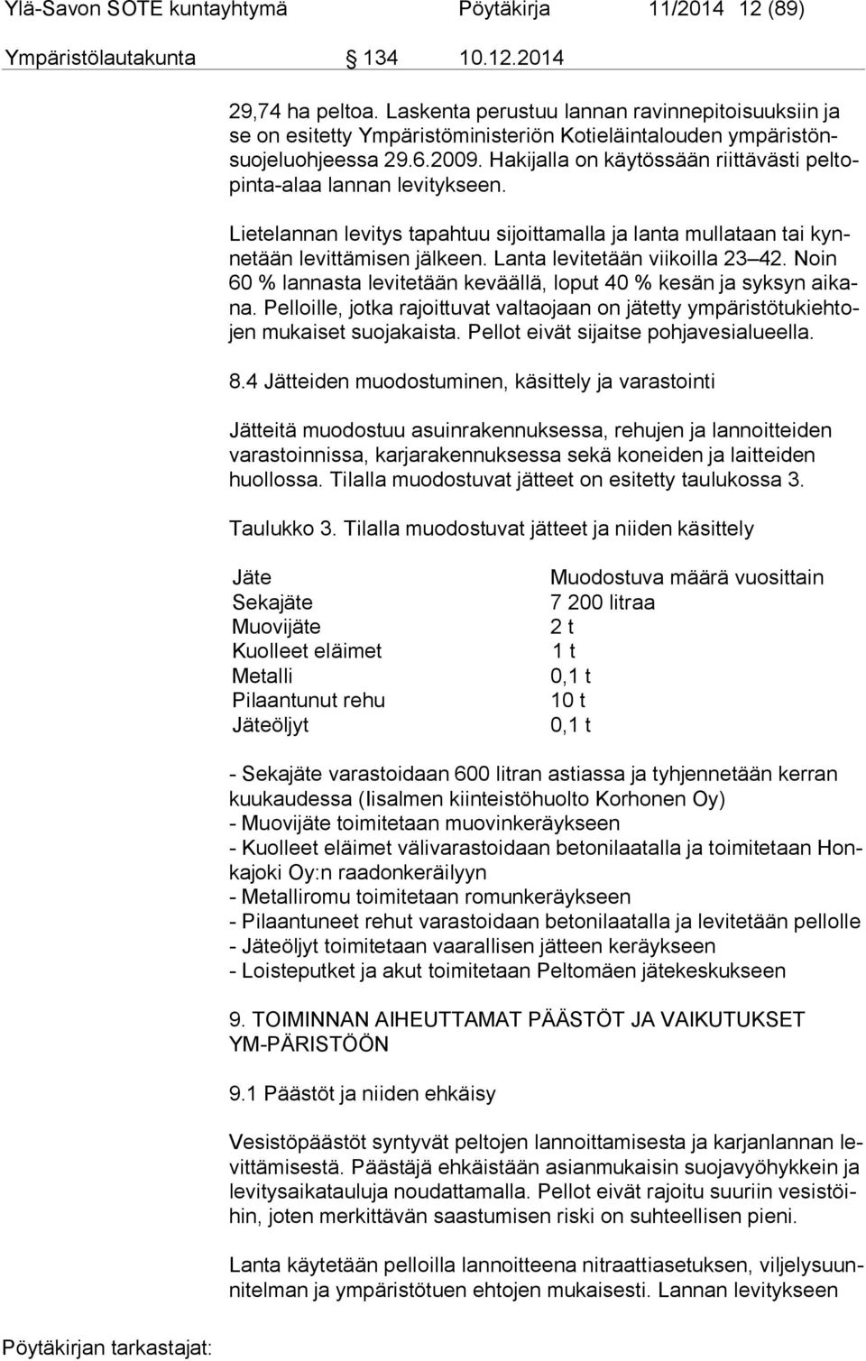 Hakijalla on käytössään riittävästi pel topin ta-alaa lannan levitykseen. Lietelannan levitys tapahtuu sijoittamalla ja lanta mullataan tai kynne tään levittämisen jälkeen.