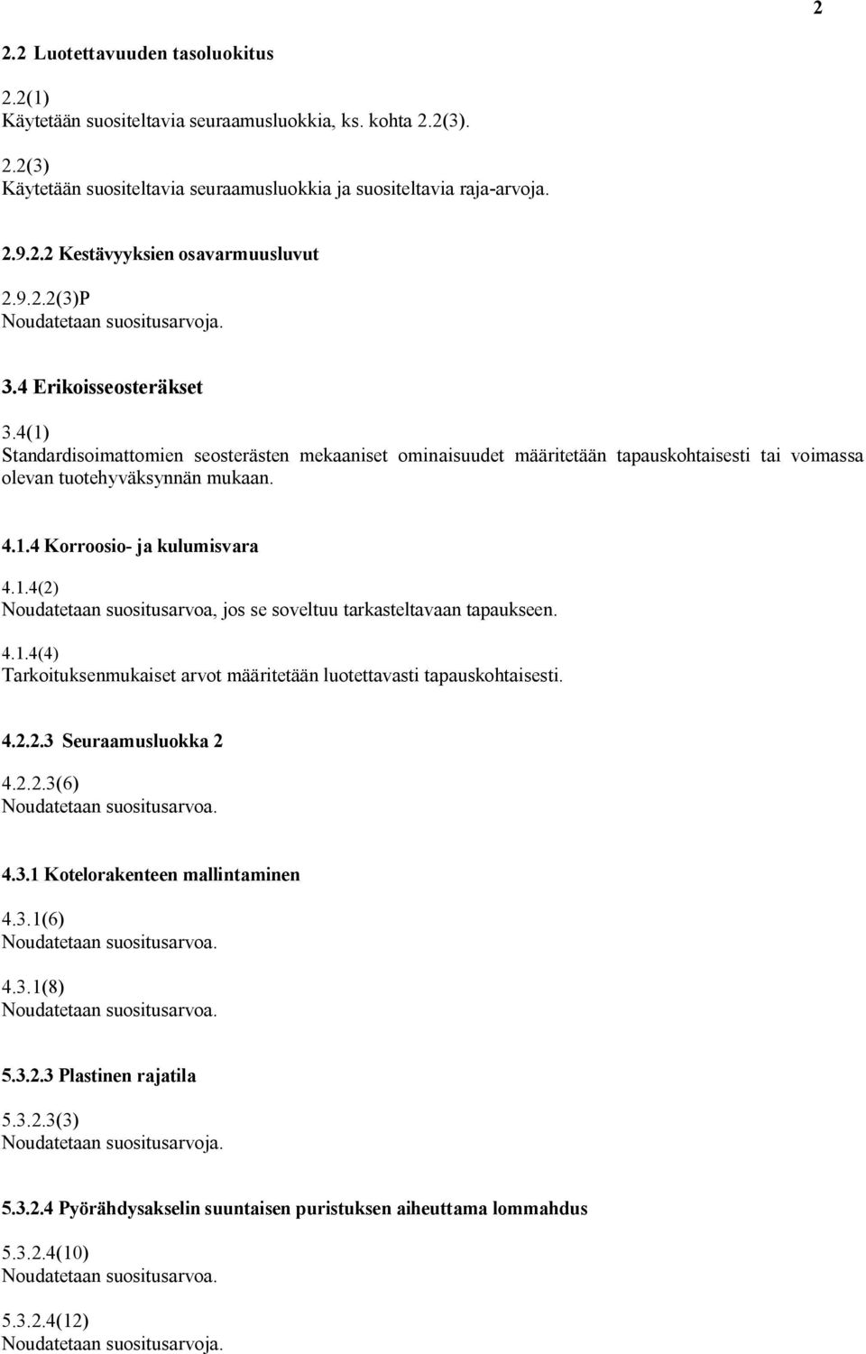 4(1) Standardisoimattomien seosterästen mekaaniset ominaisuudet määritetään tapauskohtaisesti tai voimassa olevan tuotehyväksynnän mukaan. 4.1.4 Korroosio ja kulumisvara 4.1.4(2) Noudatetaan suositusarvoa, jos se soveltuu tarkasteltavaan tapaukseen.