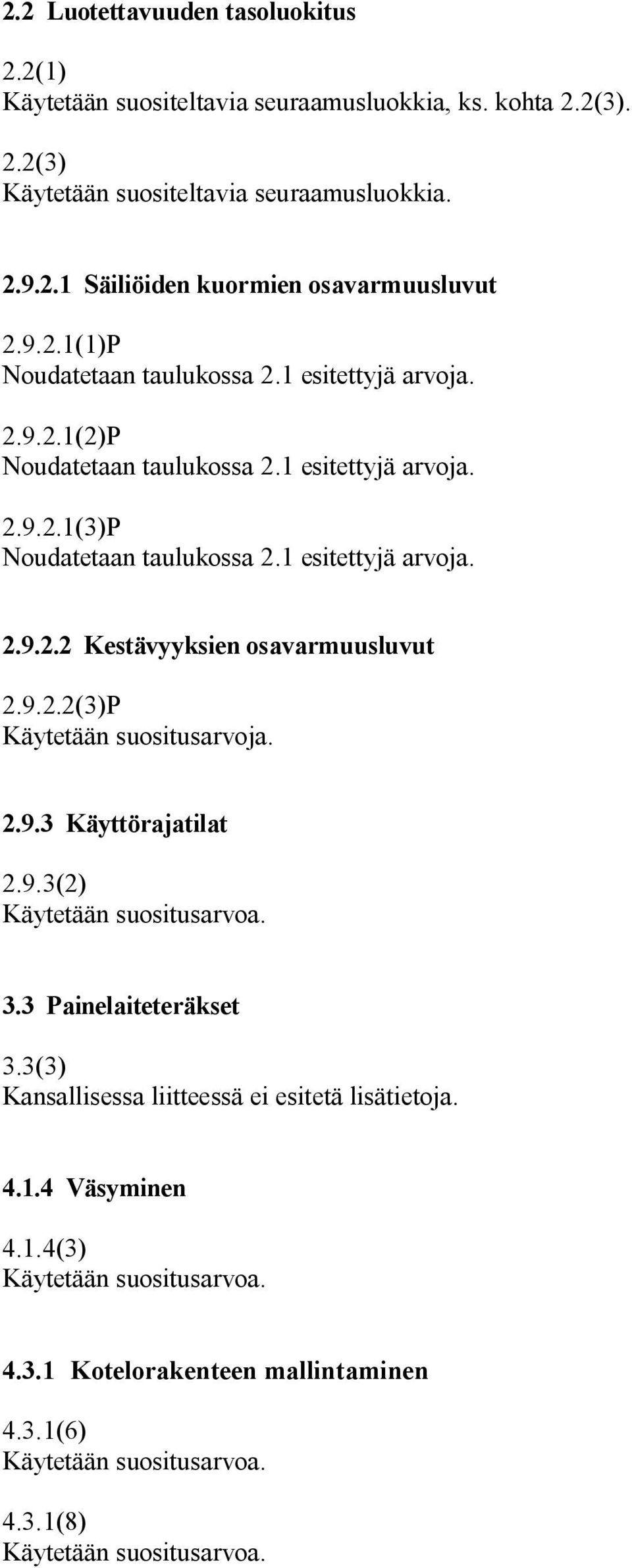 9.2.2(3)P Käytetään suositusarvoja. 2.9.3 Käyttörajatilat 2.9.3(2) Käytetään suositusarvoa. 3.3 Painelaiteteräkset 3.3(3) Kansallisessa liitteessä ei esitetä lisätietoja. 4.1.