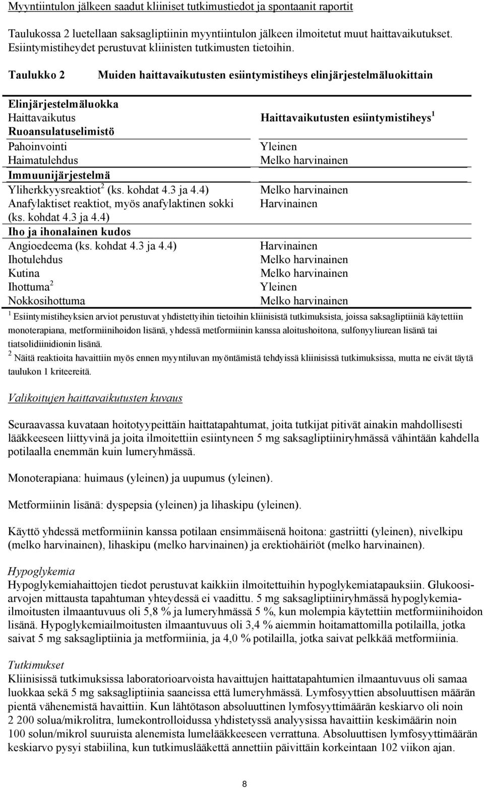 Taulukko 2 Muiden haittavaikutusten esiintymistiheys elinjärjestelmäluokittain Elinjärjestelmäluokka Haittavaikutus Haittavaikutusten esiintymistiheys 1 Ruoansulatuselimistö Pahoinvointi