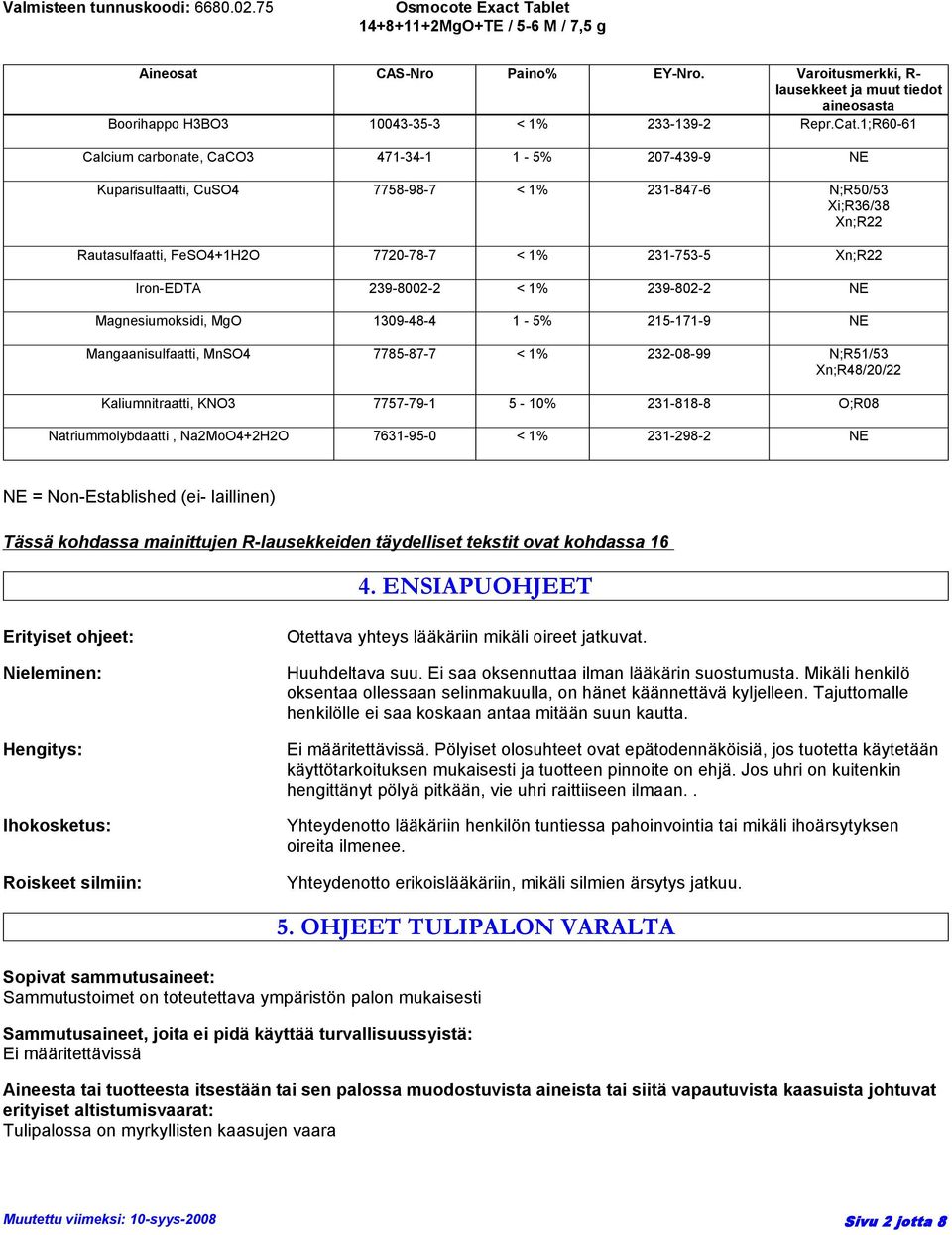 Iron-EDTA 239-8002-2 < 1% 239-802-2 NE Magnesiumoksidi, MgO 1309-48-4 1-5% 215-171-9 NE Mangaanisulfaatti, MnSO4 7785-87-7 < 1% 232-08-99 N;R51/53 Xn;R48/20/22 Kaliumnitraatti, KNO3 7757-79-1 5-10%