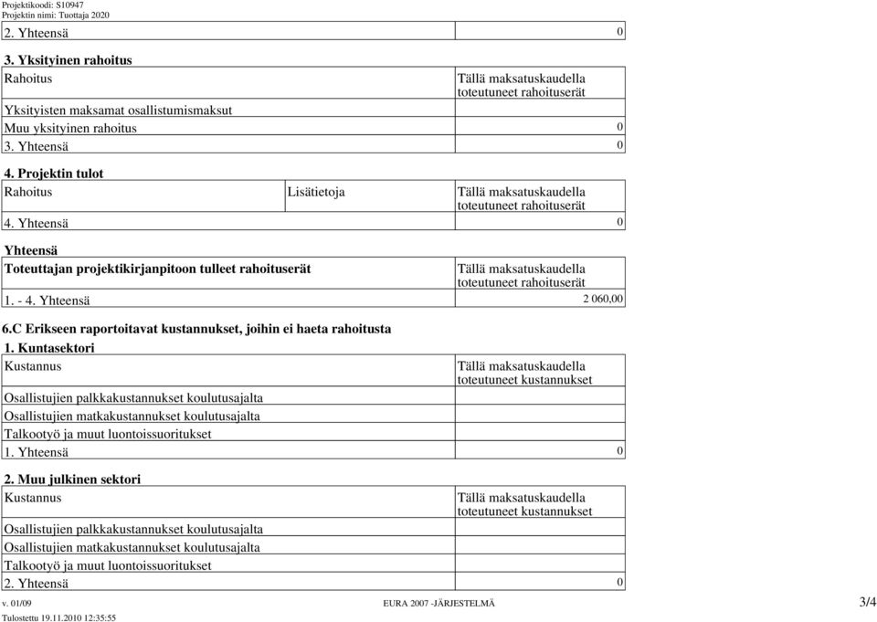 Yhteensä 0 Yhteensä Toteuttajan projektikirjanpitoon tulleet rahoituserät 1. - 4.