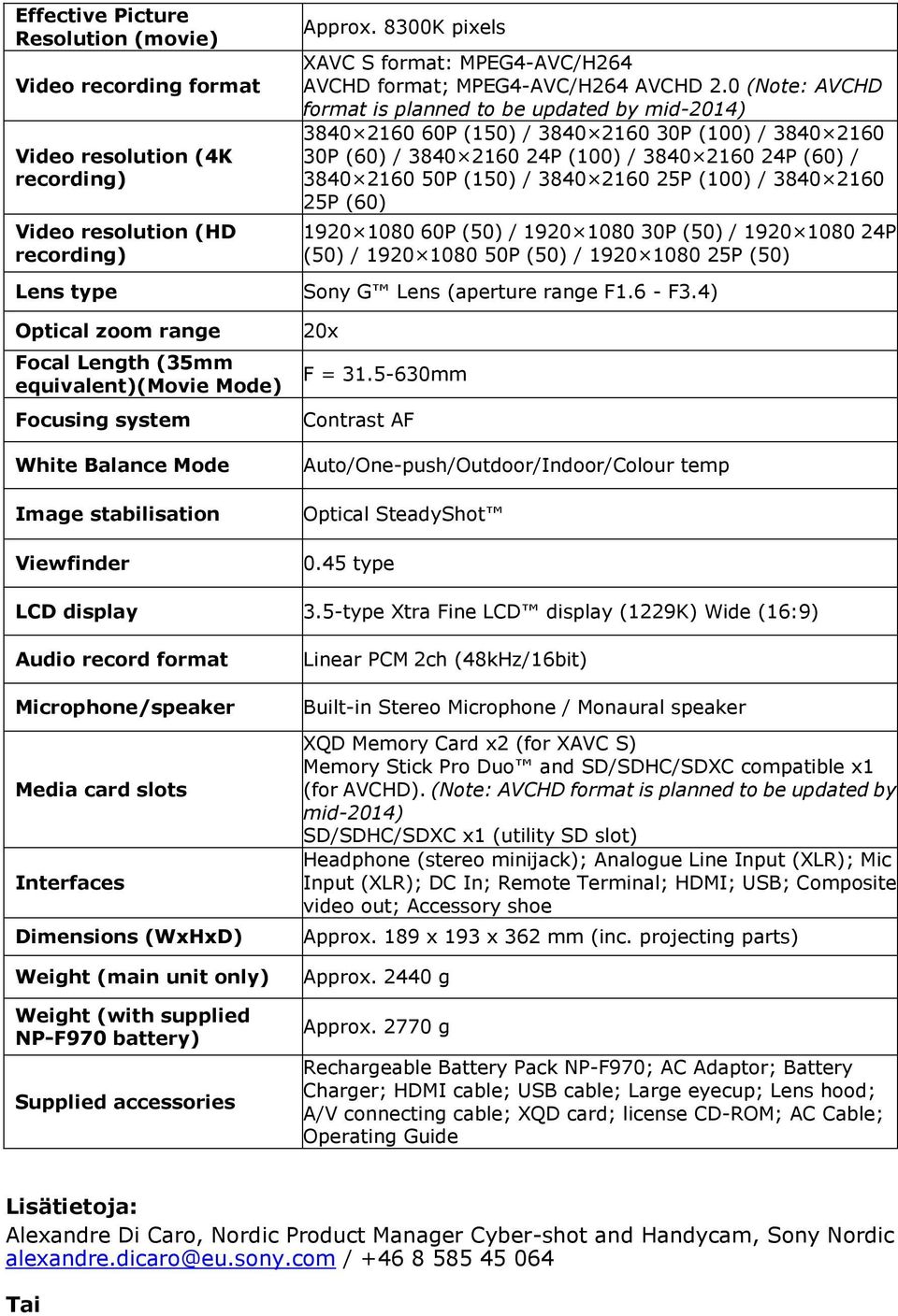 0 (Note: AVCHD format is planned to be updated by mid-2014) 3840 2160 60P (150) / 3840 2160 30P (100) / 3840 2160 30P (60) / 3840 2160 24P (100) / 3840 2160 24P (60) / 3840 2160 50P (150) / 3840 2160