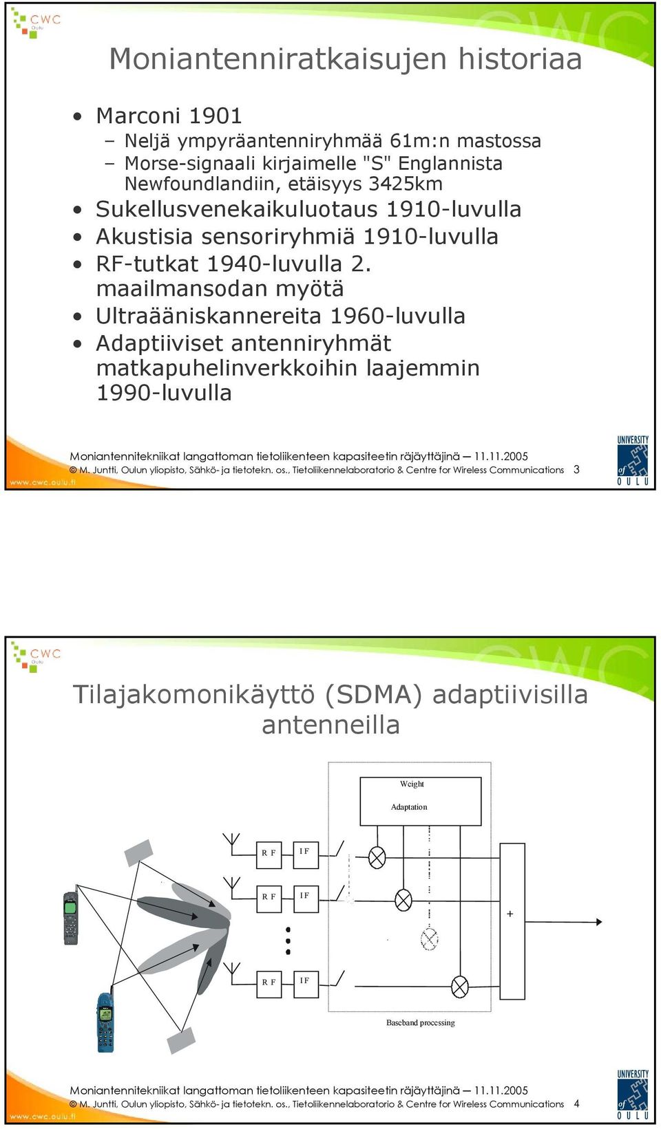 maailmansodan myötä Ultraääniskannereita 1960-luvulla Adaptiiviset antenniryhmät matkapuhelinverkkoihin laajemmin 1990-luvulla M. Juntti, Oulun yliopisto, Sähkö- ja tietotekn. os.