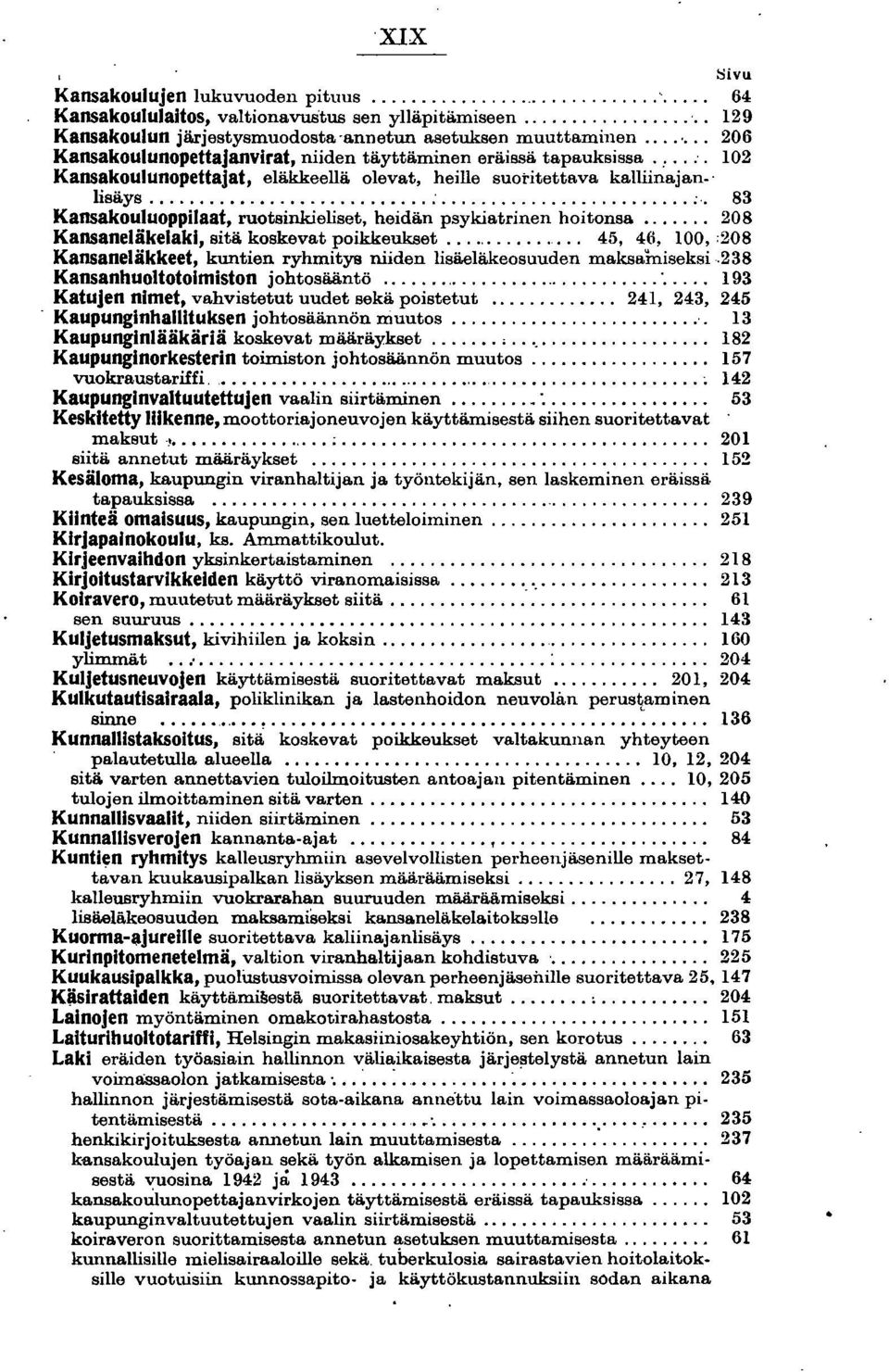 .. :... ;.. 83 Kansakouluoppilaat, ruotsinkieliset, heidän psykiatrinen hoitonsa... 208 Kansaneläkelaki, sitä koskevat poikkeukset...,........... 45, 40, 100,,208 Kansaneläkkeet, kuntien ryhmitys niiden lisäeläkeosuuden maksamiseksi.