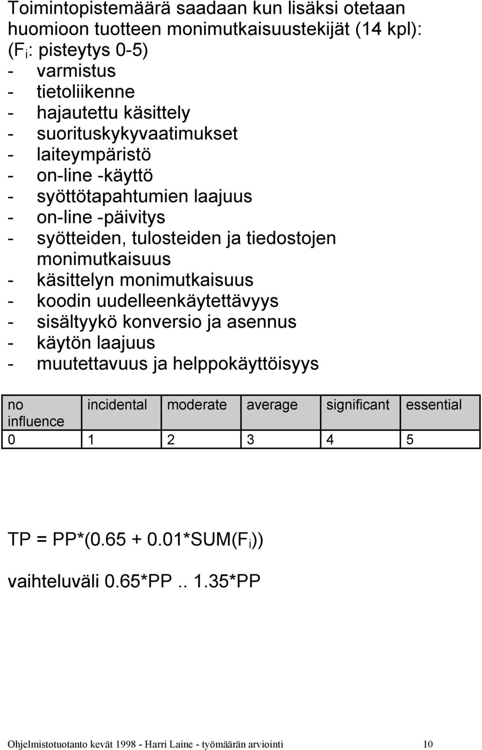 käsittelyn monimutkaisuus - koodin uudelleenkäytettävyys - sisältyykö konversio ja asennus - käytön laajuus - muutettavuus ja helppokäyttöisyys no incidental moderate