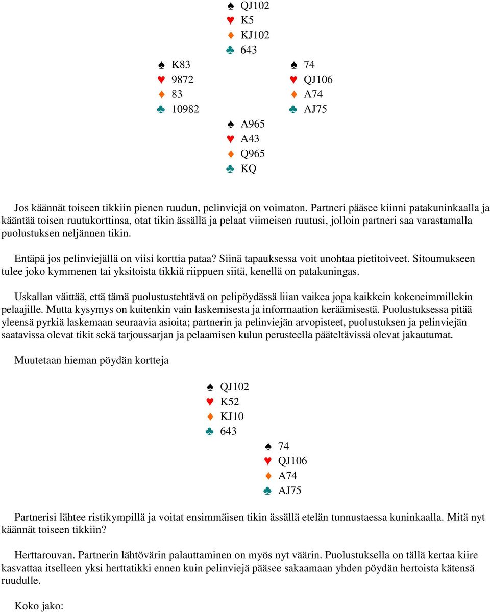 Entäpä jos pelinviejällä on viisi korttia pataa? Siinä tapauksessa voit unohtaa pietitoiveet. Sitoumukseen tulee joko kymmenen tai yksitoista tikkiä riippuen siitä, kenellä on patakuningas.