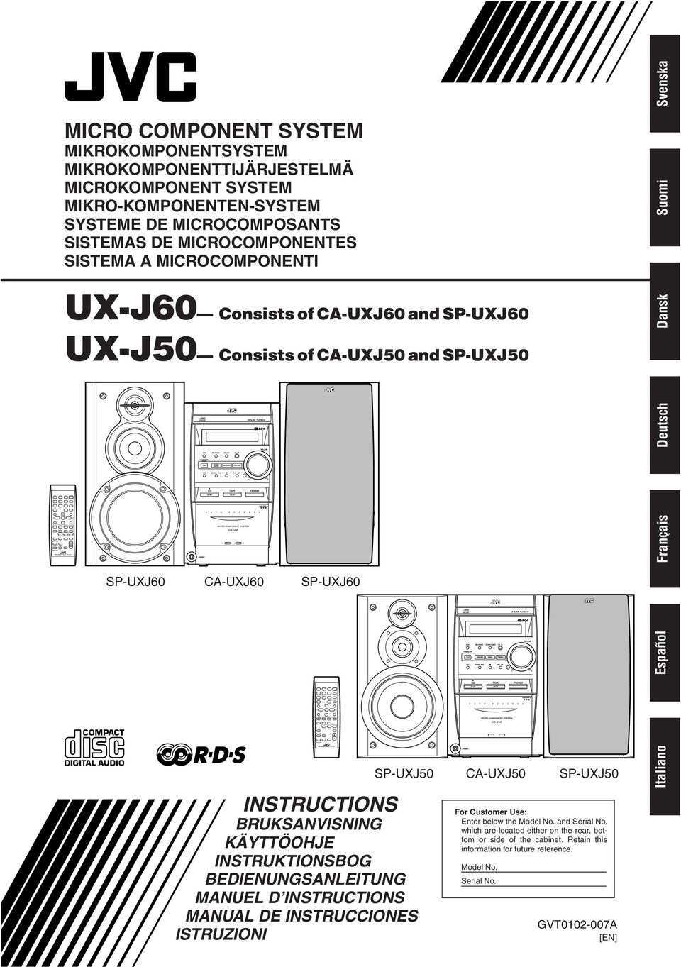 SP-UXJ60 Español SP-UXJ50 INSTRUCTIONS BRUKSANVISNING KÄYTTÖOHJE INSTRUKTIONSBOG BEDIENUNGSANLEITUNG MANUEL D INSTRUCTIONS MANUAL DE INSTRUCCIONES ISTRUZIONI CA-UXJ50 For Customer Use: Enter