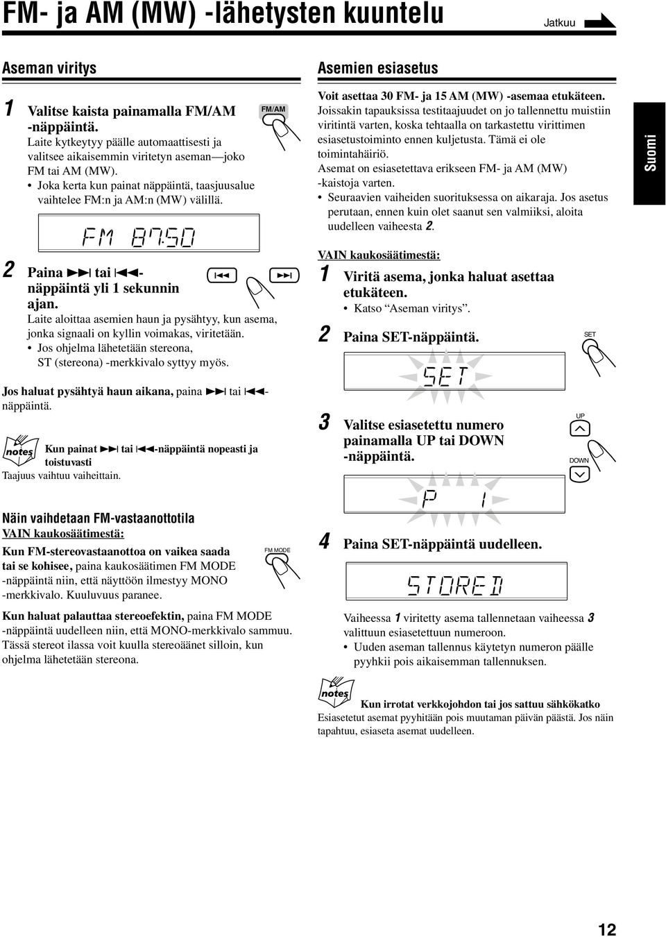 FM/AM Voit asettaa 30 FM- ja 15 AM (MW) -asemaa etukäteen.