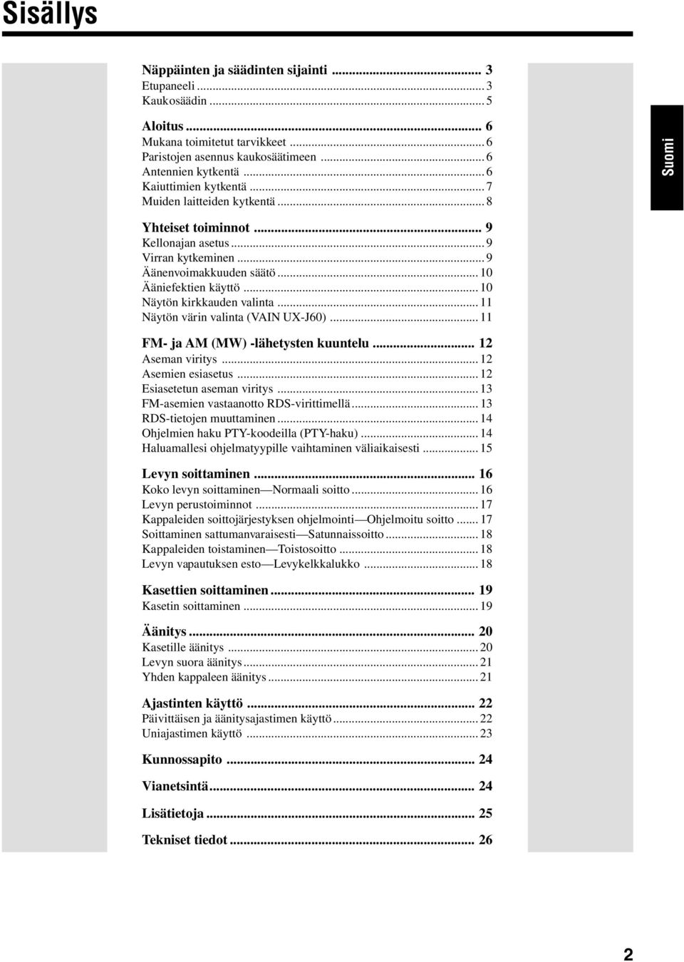 .. 10 Näytön kirkkauden valinta... 11 Näytön värin valinta (VAIN UX-J60)... 11 FM- ja AM (MW) -lähetysten kuuntelu... 12 Aseman viritys... 12 Asemien esiasetus... 12 Esiasetetun aseman viritys.