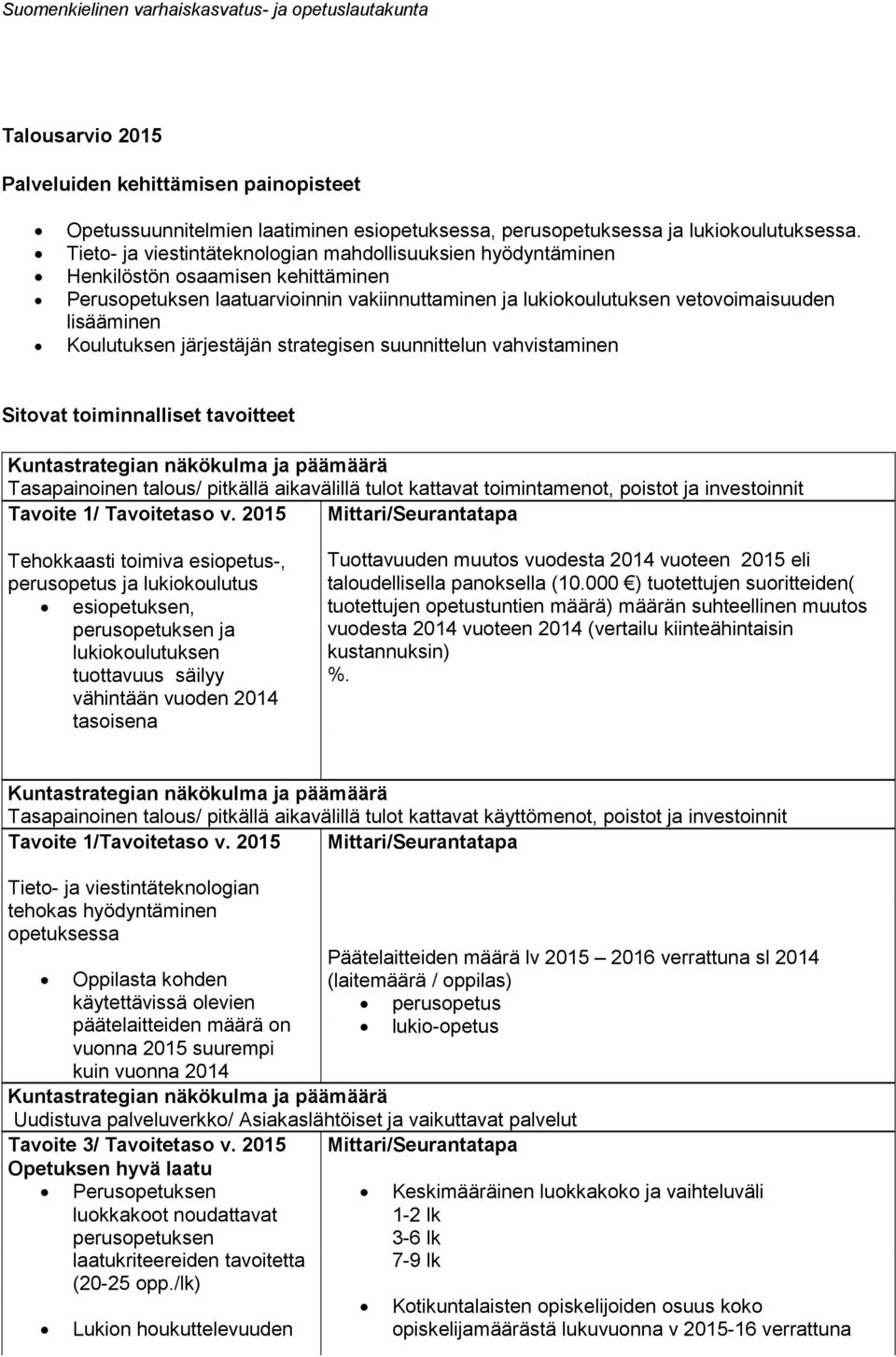 Koulutuksen järjestäjän strategisen suunnittelun vahvistaminen Sitovat toiminnalliset tavoitteet Tasapainoinen talous/ pitkällä aikavälillä tulot kattavat toimintamenot, poistot ja investoinnit