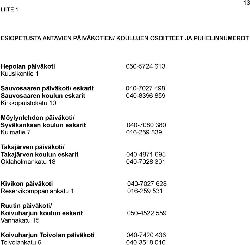 7 016-259 839 Takajärven päiväkoti/ Takajärven koulun eskarit 040-4871 695 Oklaholmankatu 18 040-7028 301 Kivikon päiväkoti 040-7027 628