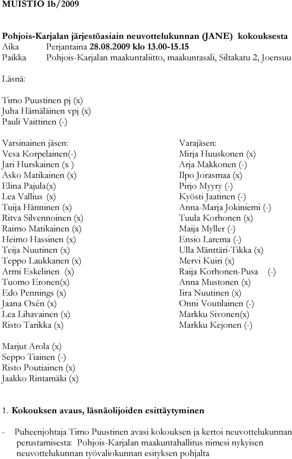 Korpelainen(-) Mirja Huuskonen (x) Jari Hurskainen (x ) Arja Makkonen (-) Asko Matikainen (x) Ilpo Jorasmaa (x) Elina Pajula (x) Pirjo Myyry (-) Lea Vallius (x) Kyösti Jaatinen (-) Tuija Hänninen (x)