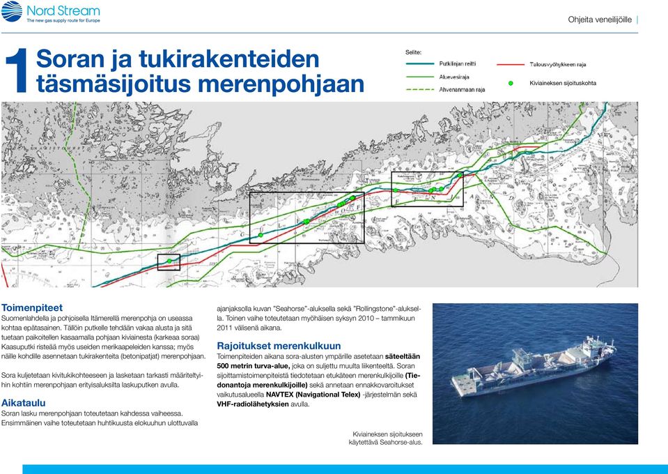 asennetaan tukirakenteita (betonipatjat) merenpohjaan. Sora kuljetetaan kivitukikohteeseen ja lasketaan tarkasti määriteltyihin kohtiin merenpohjaan erityisaluksilta laskuputken avulla.