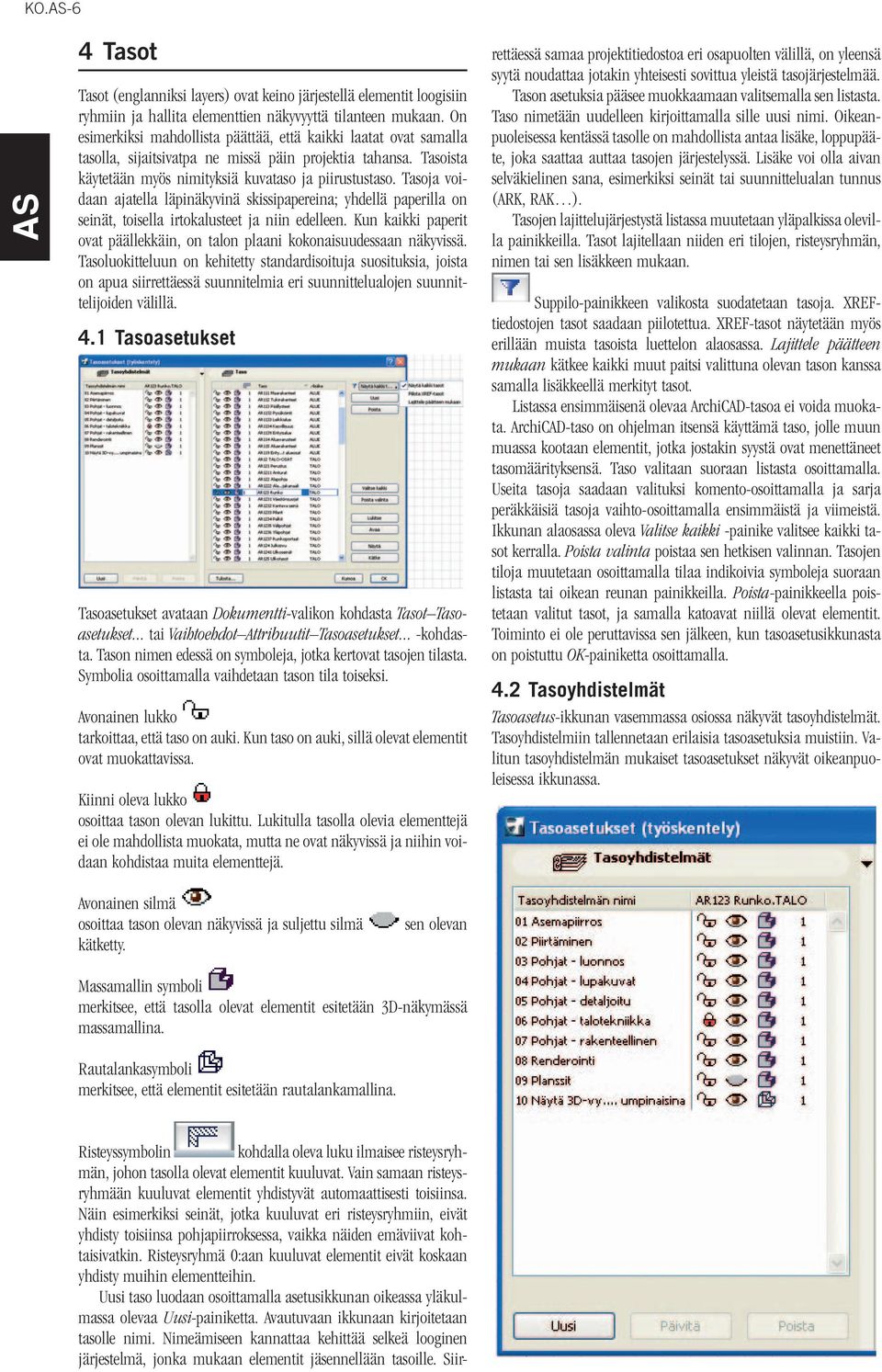 Tasoja voidaan ajatella läpinäkyvinä skissipapereina; yhdellä paperilla on seinät, toisella irtokalusteet ja niin edelleen.