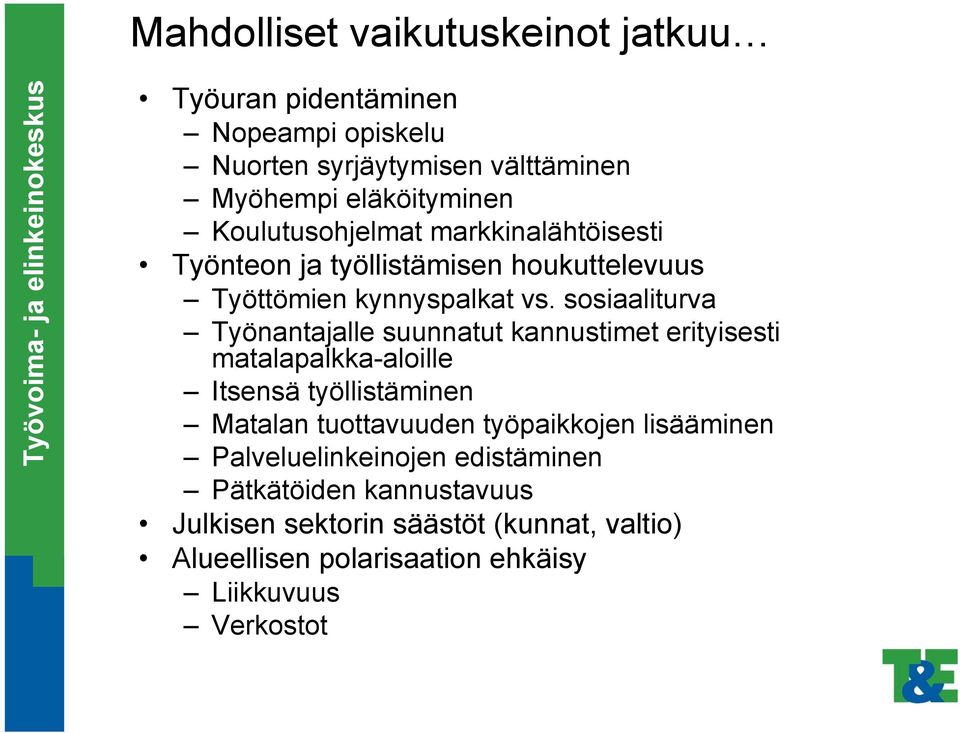 sosiaaliturva Työnantajalle suunnatut kannustimet erityisesti matalapalkka-aloille Itsensä työllistäminen Matalan tuottavuuden työpaikkojen