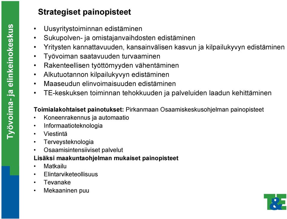 edistäminen TE-keskuksen toiminnan tehokkuuden ja palveluiden laadun kehittäminen Toimialakohtaiset painotukset: Pirkanmaan Osaamiskeskusohjelman painopisteet Koneenrakennus ja