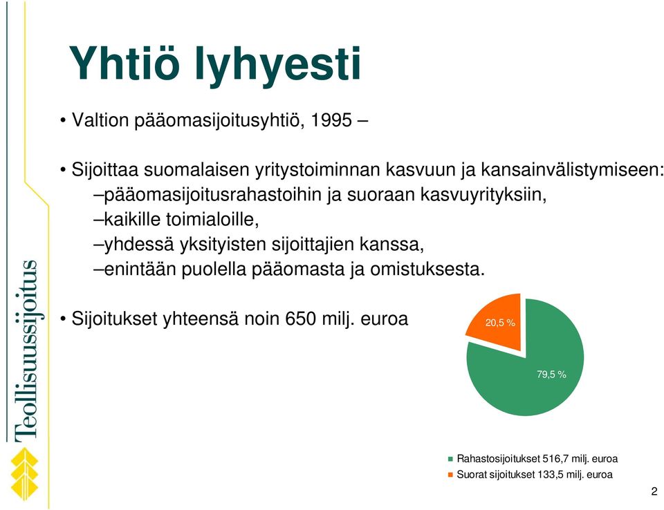 yhdessä yksityisten sijoittajien kanssa, enintään puolella pääomasta ja omistuksesta.
