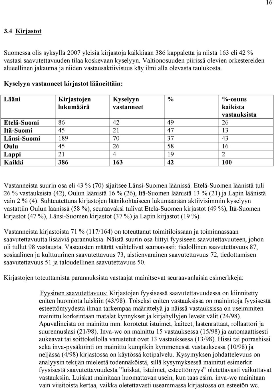 Kyselyyn vastanneet kirjastot lääneittäin: Lääni Kirjastojen lukumäärä Kyselyyn vastanneet % %-osuus kaikista vastauksista Etelä-Suomi 86 42 49 26 Itä-Suomi 45 21 47 13 Länsi-Suomi 189 70 37 43 Oulu