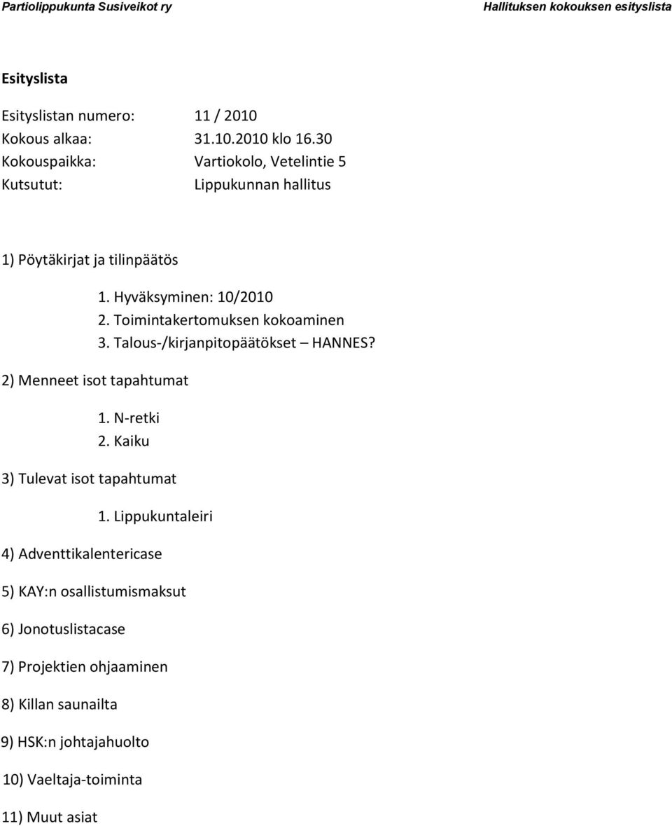 Timintakertmuksen kkaminen 3. Talus-/kirjanpitpäätökset HANNES? 2) Menneet ist tapahtumat 1. N-retki 2. Kaiku 3) Tulevat ist tapahtumat 1.