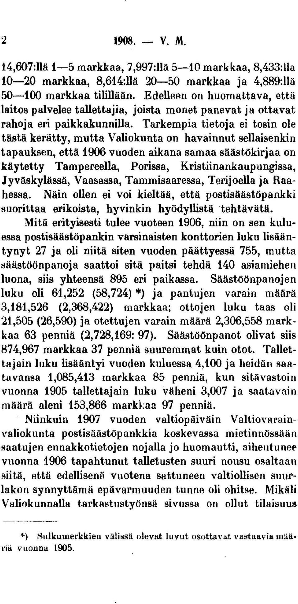 Tarkempia tietoja ei tosin ole tästä kerätty, mutta Valiokunta on havainnut sellaisenkin tapauksen, että 1906 vuoden aikana samaa säästökirjaa on käytetty Tampereella, Porissa, Kristiinankaupungissa,