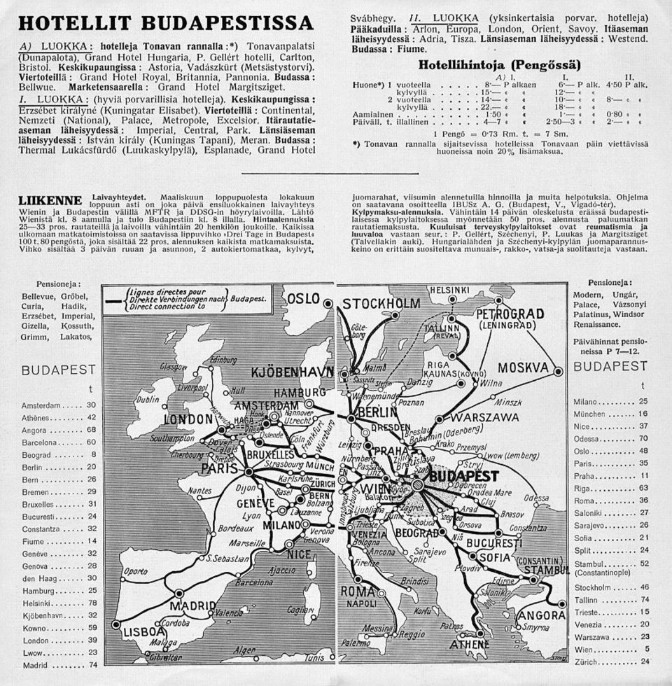 LUOKKA : (hyviä porvarillisia hotelleja). Keskikaupungissa : Erzsébet kirålyné (Kuningatar Elisabet). Viertoteillä : Continental, Nemzeti (National), Palace, Metropole, Excelsior.