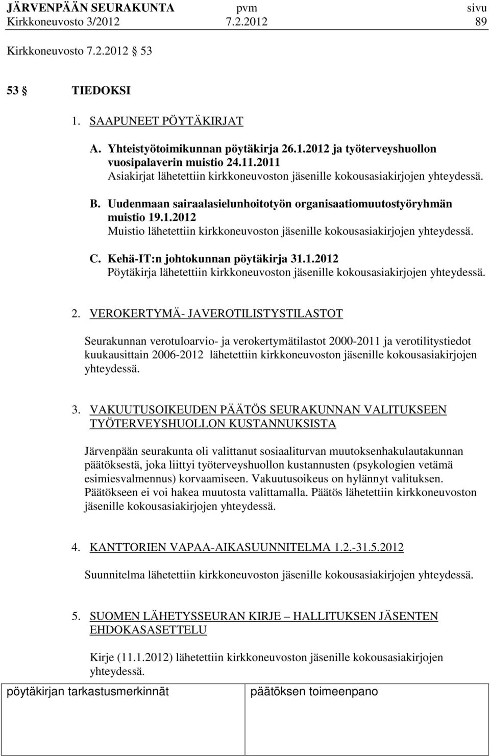 C. Kehä-IT:n johtokunnan pöytäkirja 31.1.2012 Pöytäkirja lähetettiin kirkkoneuvoston jäsenille kokousasiakirjojen yhteydessä. 2.