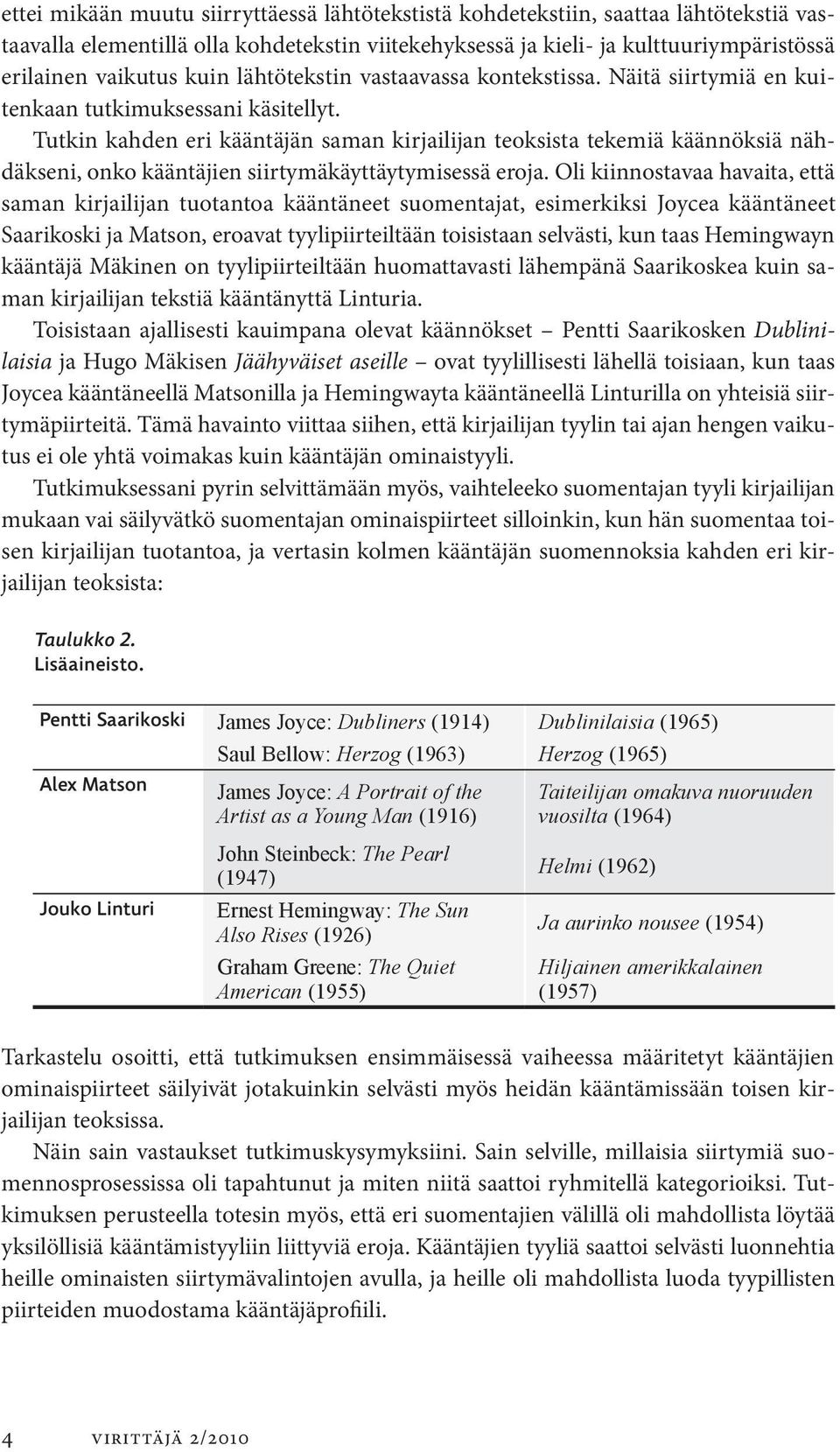 Tutkin kahden eri kääntäjän saman kirjailijan teoksista tekemiä käännöksiä nähdäkseni, onko kääntäjien siirtymäkäyttäytymisessä eroja.