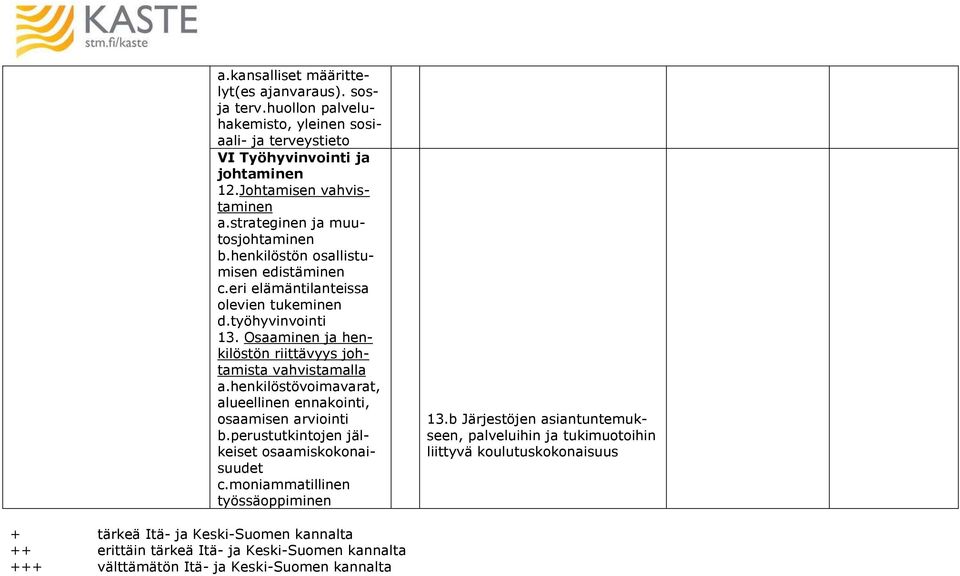 Osaaminen ja henkilöstön riittävyys johtamista vahvistamalla a.henkilöstövoimavarat, alueellinen ennakointi, osaamisen arviointi b.perustutkintojen jälkeiset osaamiskokonaisuudet c.