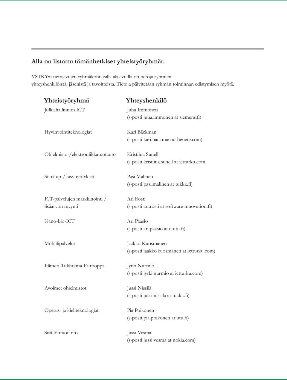 Yhteistyöryhmä Julkishallinnon ICT Hyvinvointiteknologiat Ohjelmisto-/elektroniikkatuotanto Start-up-/kasvuyritykset ICT-palvelujen markkinointi / lisäarvon myynti Nano-bio-ICT Mobiilipalvelut